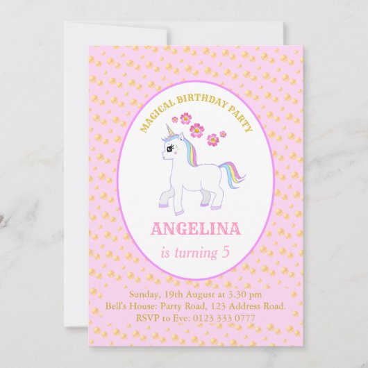 Invitation Fête d'anniversaire licorne mignonne (Devant)