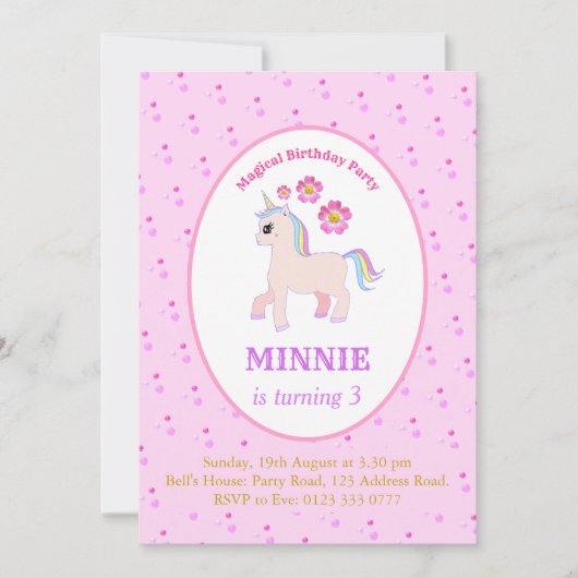 Invitation Fête d'anniversaire licorne mignonne (Devant)