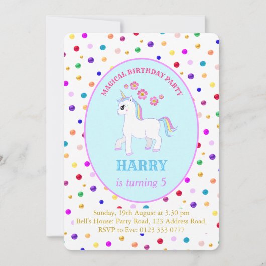 Invitation Fête d'anniversaire licorne mignonne (Devant)