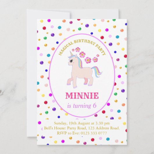 Invitation Fête d'anniversaire licorne mignonne (Devant)