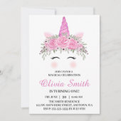 Invitation Fête d'anniversaire licorne mignonne avec nom rose (Devant)
