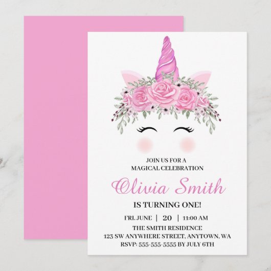 Invitation Fête d'anniversaire licorne mignonne avec nom rose (Devant / Derrière)