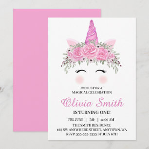 Invitation Fête d'anniversaire licorne mignonne avec nom rose