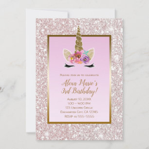 Invitation Fête d'anniversaire licorne or paillettes rose bla