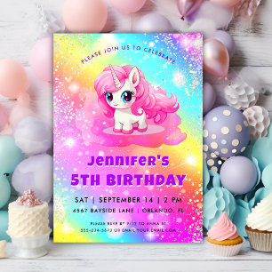 Invitation Fête d'anniversaire licorne pailletée arc-en-ciel
