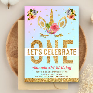 Invitation Fête d'anniversaire licorne paillettes or magique