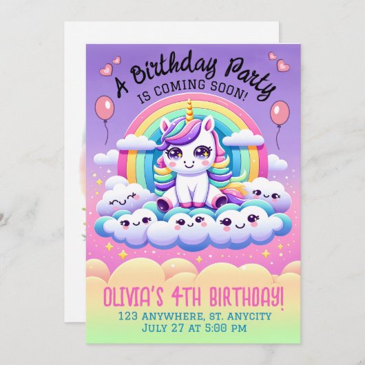 Invitation Fête d'anniversaire licorne personnalisable (Devant / Derrière)