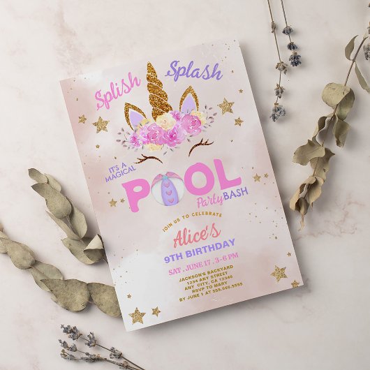 Invitation Fête d'anniversaire Licorne Piscine Splish Splash