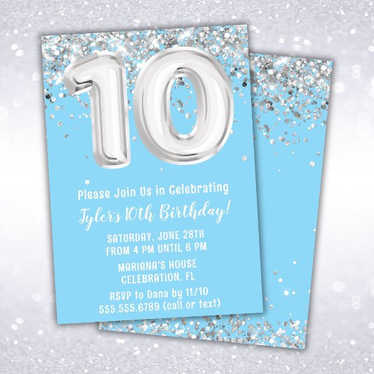 Invitation Fête d'anniversaire Light Blue Silver 10 ans