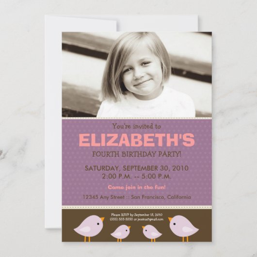 Invitation Fête d'anniversaire lilas de peu de fille de (Devant)