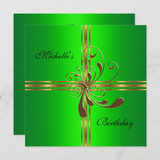 Invitation Fête d'anniversaire Lime Green Gold Bow cadeau (Devant / Derrière)