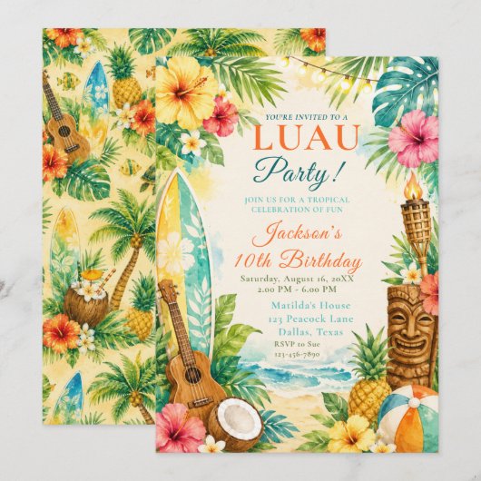 Invitation Fête d'anniversaire Luau (Devant / Derrière)
