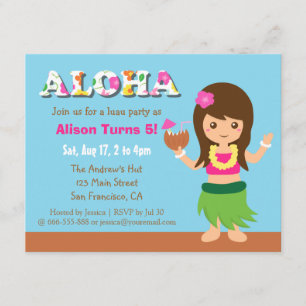 Invitation Fête d'anniversaire Luau Fille de Hula Hawaii Colo
