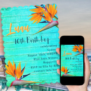 Invitation Fête d'anniversaire Luau Fleurs tropicales en bois