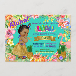Invitation Fête d'anniversaire Luau Hawaïen pour fille afro-a