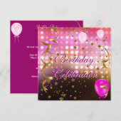 Invitation Fête d'anniversaire Lumières roses Étoiles or (Devant / Derrière)