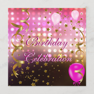 Invitation Fête d'anniversaire Lumières roses Étoiles or
