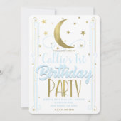 Invitation Fête d'anniversaire lune étoiles or bleu clair cap (Devant)