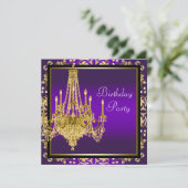 Invitation Fête d'anniversaire lustre doré violet (Debout devant)