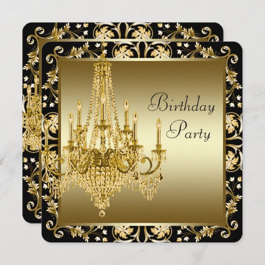 Invitation Fête d'anniversaire lustre noir et or (Devant / Derrière)