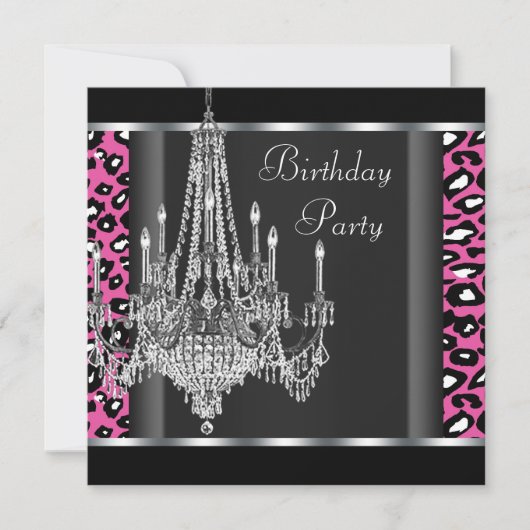 Invitation Fête d'anniversaire lustre rose léopard (Devant)