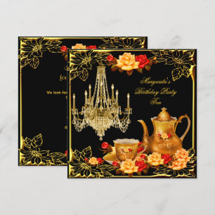 Invitation Fête d'anniversaire lustre vintage rouge or rose