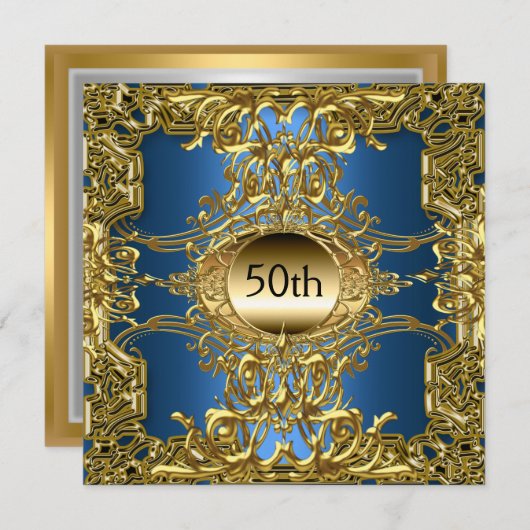Invitation Fête d'anniversaire Luxe 50 ans Or Bleu Or Bleu (Devant / Derrière)