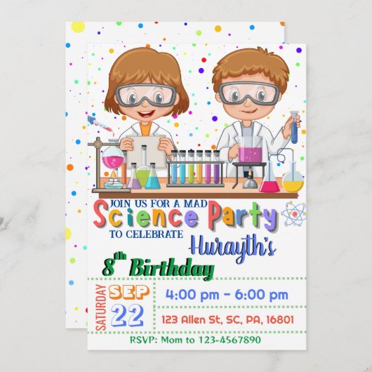 Invitation Fête d'anniversaire Mad Science `Invitation pour l (Devant / Derrière)