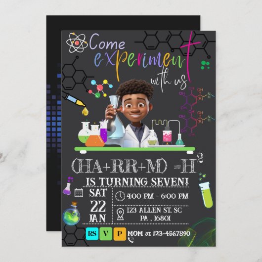 Invitation Fête d'anniversaire Mad Science/Science Experience (Devant / Derrière)