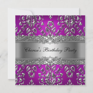 Invitation Fête d'anniversaire Magenta Damassé Argenté
