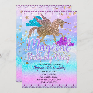Invitation Fête d'anniversaire magique de licorne de vol de