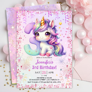 Invitation Fête d'anniversaire magique Licorne 3 ans