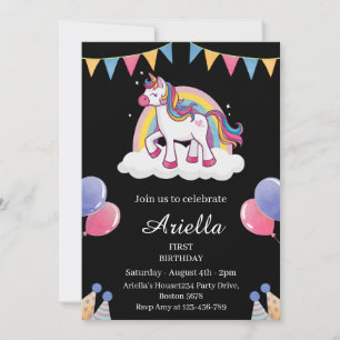 Invitation Fête d'anniversaire Magique Licorne Arc-en-ciel 1è