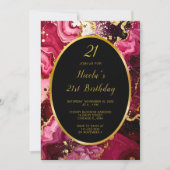 Invitation Fête d'anniversaire Marbre Agate Rouge Clair et Or (Devant)