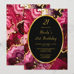 Invitation Fête d'anniversaire Marbre Agate Rouge Clair et Or