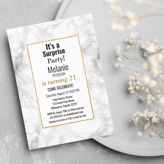 Invitation Fête d'anniversaire marbre noir blanc or paillette