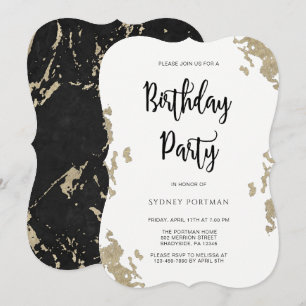 Invitation Fête d'anniversaire Marbre Noir et Blanc Faux Or