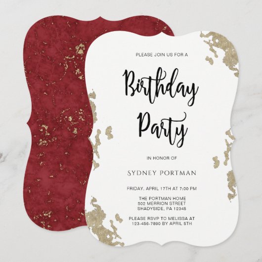 Invitation Fête d'anniversaire Marbre rouge et blanc Faux Gol (Devant / Derrière)