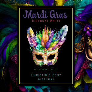 Invitation Fête d'anniversaire Mardi Gras en masque, Chic noi