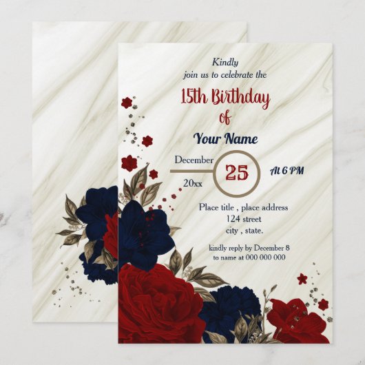 Invitation fête d'anniversaire marine bleu et rouge floral (Devant / Derrière)