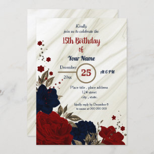 Invitation fête d'anniversaire marine bleu et rouge floral