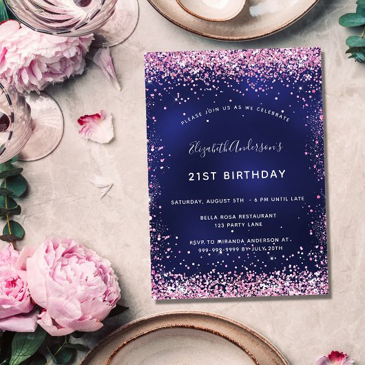 Invitation Fête d'anniversaire marine bleu rose luxe