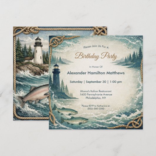 Invitation Fête d'anniversaire maritime bleu côtier (Devant / Derrière)