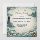 Invitation Fête d'anniversaire maritime bleu côtier (Devant)