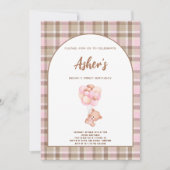 Invitation Fête d'anniversaire marron et rose Teddy Bear  (Devant)