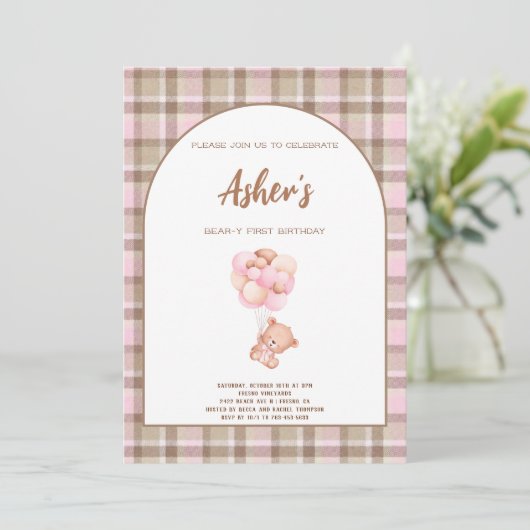 Invitation Fête d'anniversaire marron et rose Teddy Bear  (Debout devant)