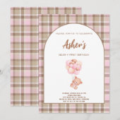Invitation Fête d'anniversaire marron et rose Teddy Bear  (Devant / Derrière)