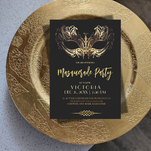 Invitation Fête d'anniversaire Mascarade Elégante Noir Or