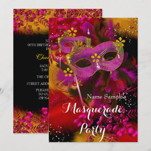 Invitation Fête d'anniversaire Mascarade Florale Noir Or Rose