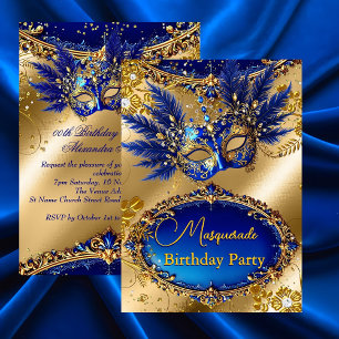 Invitation Fête d'anniversaire Mascarade Masque Bleu Or Plume